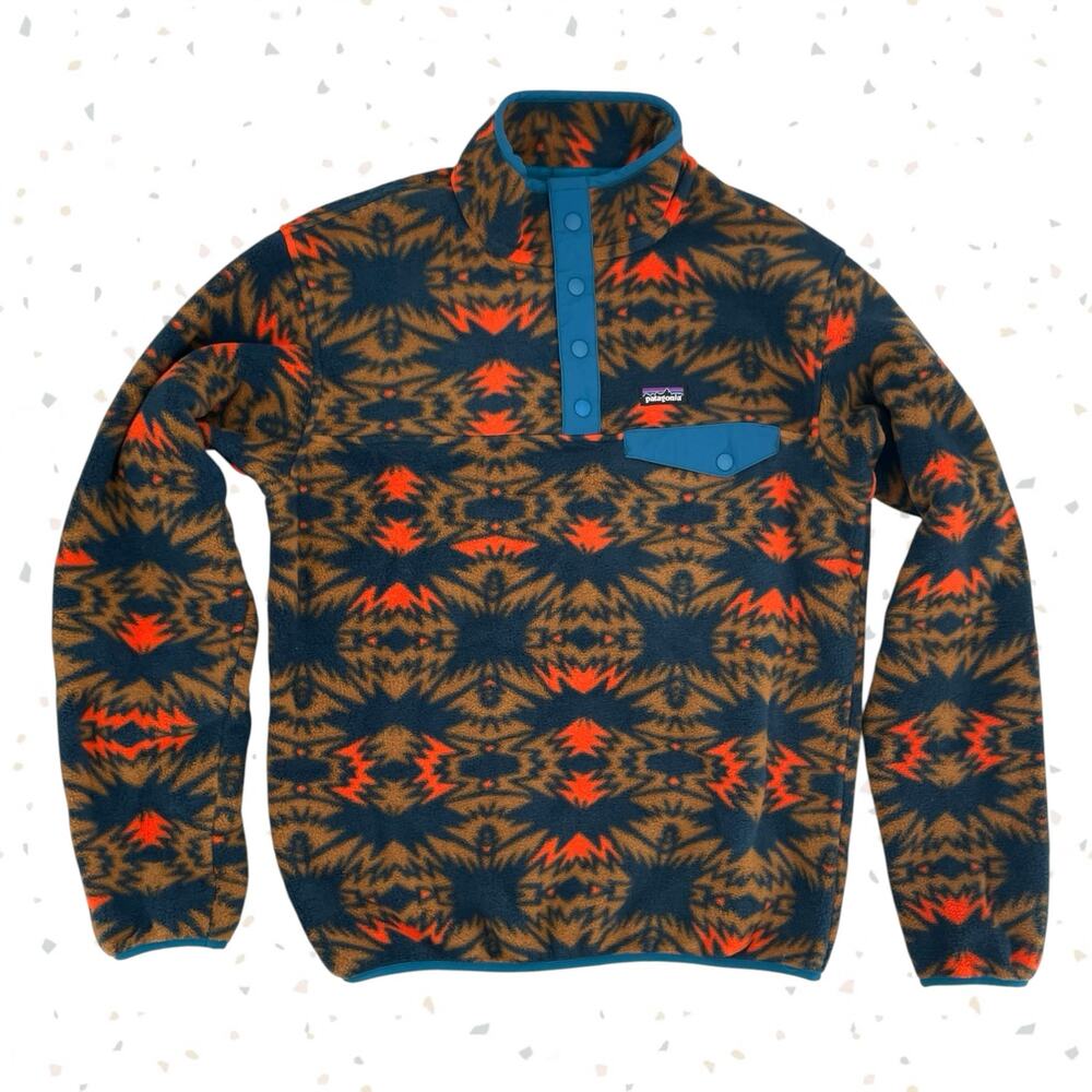 Patagonia Synchilla Pullover Fleece Geometric Orange Blue Aztec Print Youth XXL